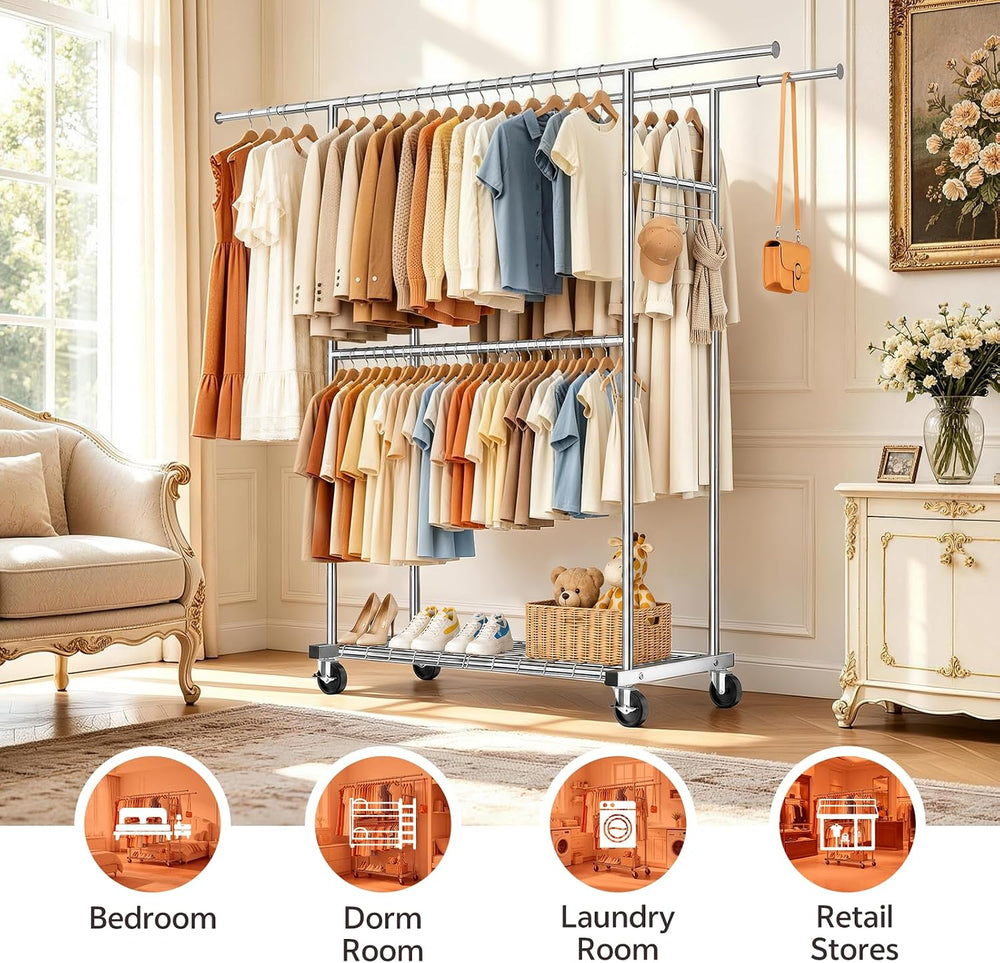 Heavy Duty Clothes Rack Load 550LBS, Rolling Clothing Rack Silver