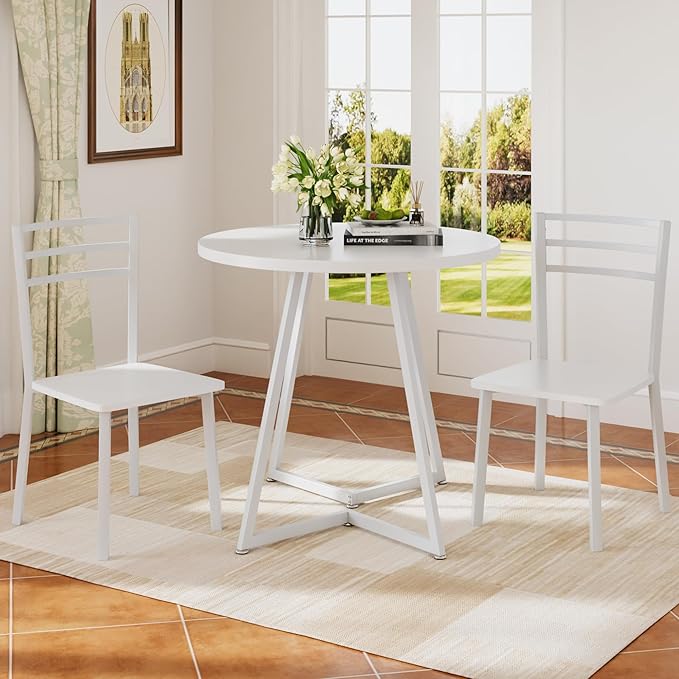 VECELO Small Round Dining Table Set for 2, Wood Tabletop with Strong Metal Fr...