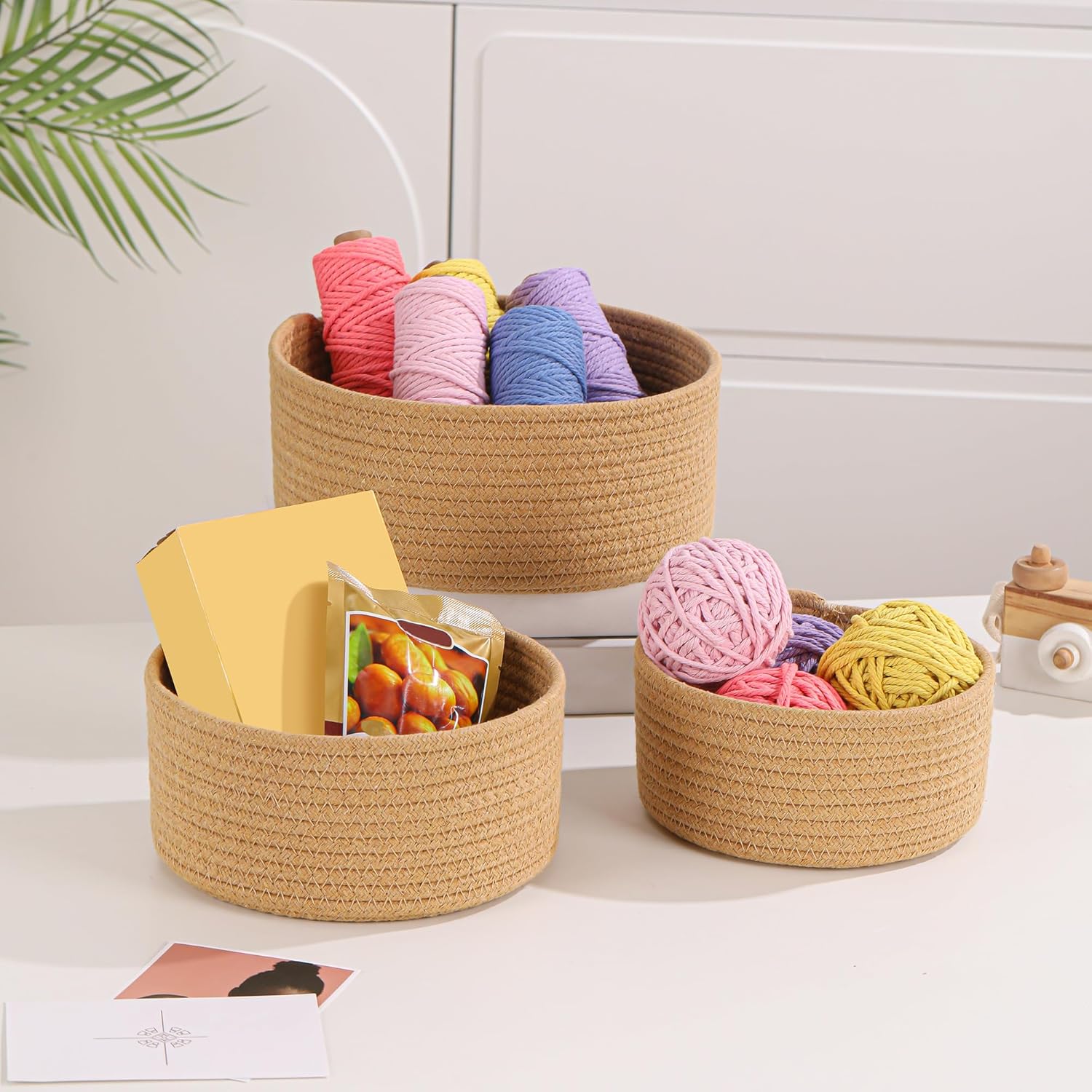 Small Basket Cotton Rope Woven Baskets for Organizing Cute Mini Tiny Baskets for Nursery Decorative Boho Round Storage Bathroom Organization Bin Open Storage Bins (Brown)