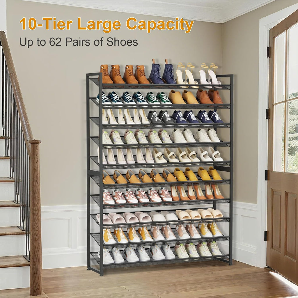Large Shoe Rack 10 Tier Shoe Organizer, Heavy Duty Metal 5-Tier Stackable Shoe Storage Vertical Shoe Rack for Closet Front Door Entrance, Up to 62 Pairs, 44.8" W x 11.4" D x 71.2" H, Black