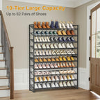 Large Shoe Rack 10 Tier Shoe Organizer, Heavy Duty Metal 5-Tier Stackable Shoe Storage Vertical Shoe Rack for Closet Front Door Entrance, Up to 62 Pairs, 44.8" W x 11.4" D x 71.2" H, Black