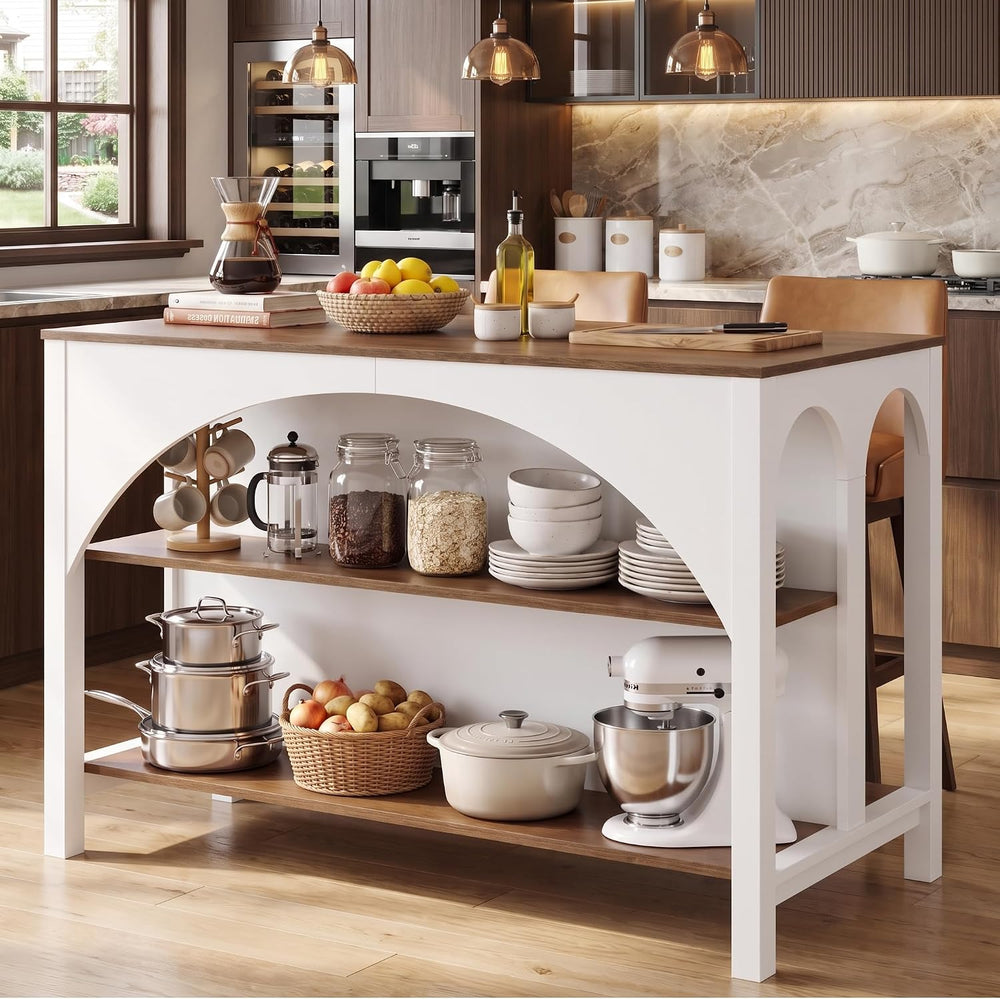 Tribesigns 55" Kitchen Island with 2-Tier Shelves and Seating | Wood Sta...