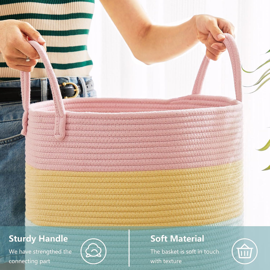 Large Rainbow Hamper Laundry Basket for Baby Girls Kids Nursery | 60L Pastel Unicorn Woven Clothes Hamper Tall Blanket Basket in Playroom Bedroom 15Dx20H inches