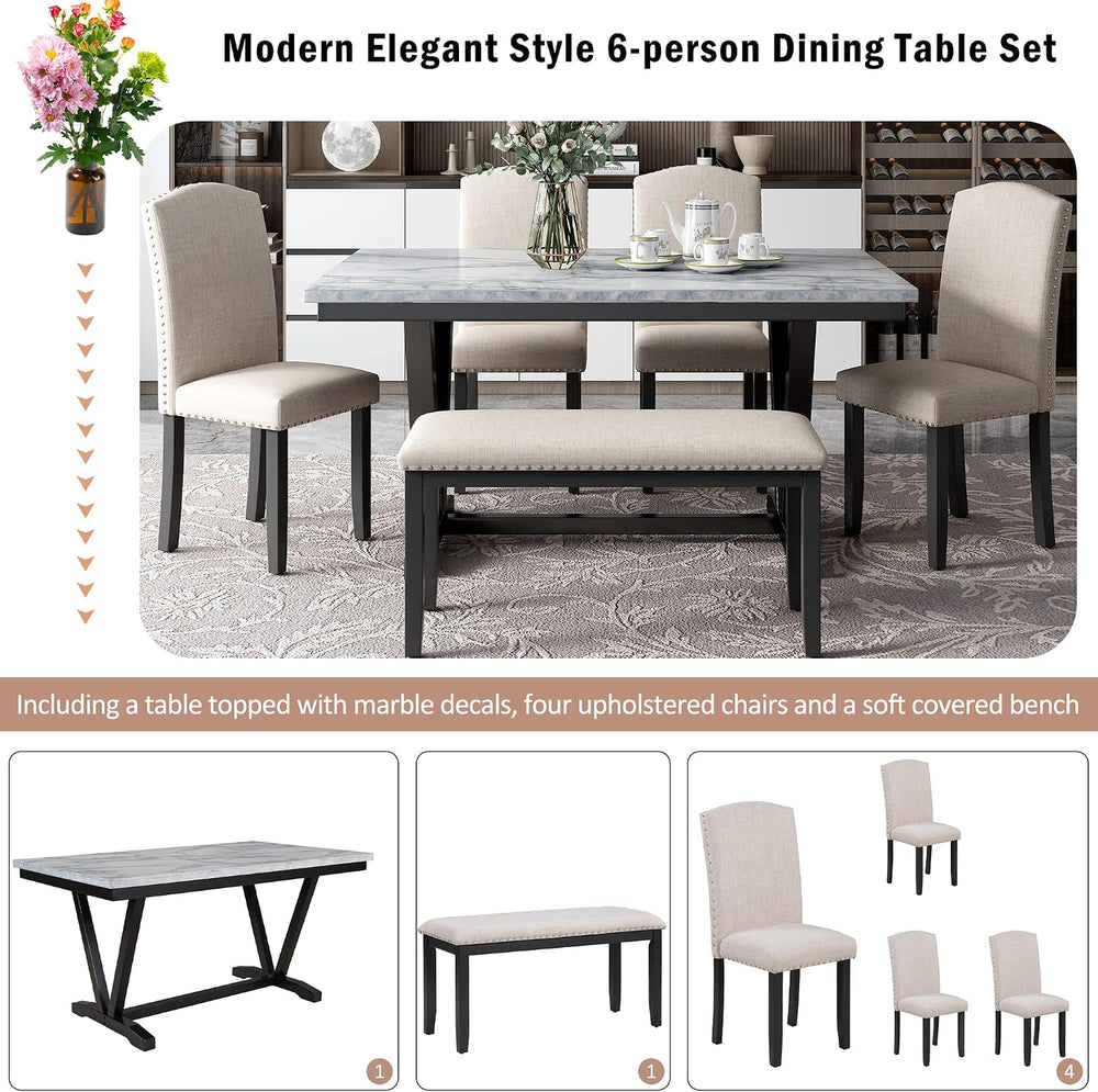 Merax Elegant Dining Table Set for 4-6, White | 6-Piece Modern Dining Table S...