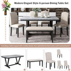 6 Pieces Dining Table Set with 60" Rectangle Marbled Veneers Tabletop Kitchen Desk,Living Room Furniture W/ 4 Chairs & 1 Bench,for Restaurant,Home Bistro,White