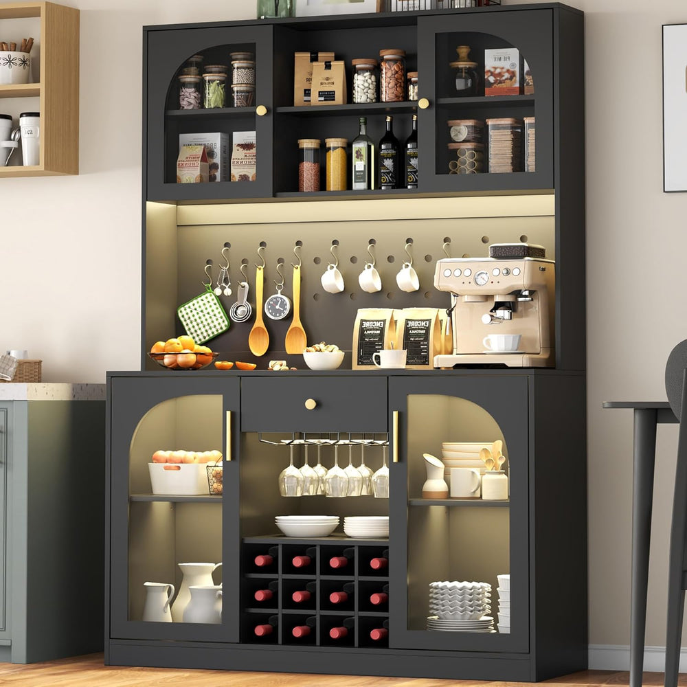 72'' Tall Kitchen Pantry Storage Cabinet with Led Light - Black Pantr...