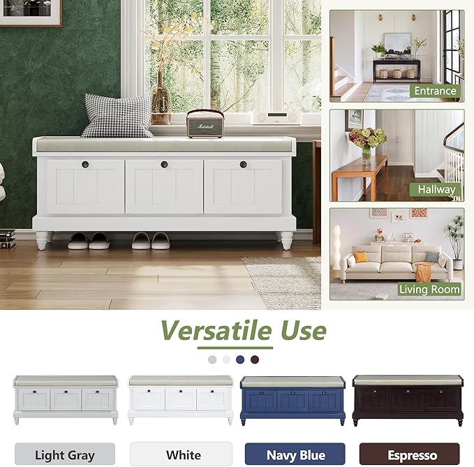 Merax Classic Storage Bench with Cushioned Seat and Three Drawers for Entryway & Living Room & Bedroom, White