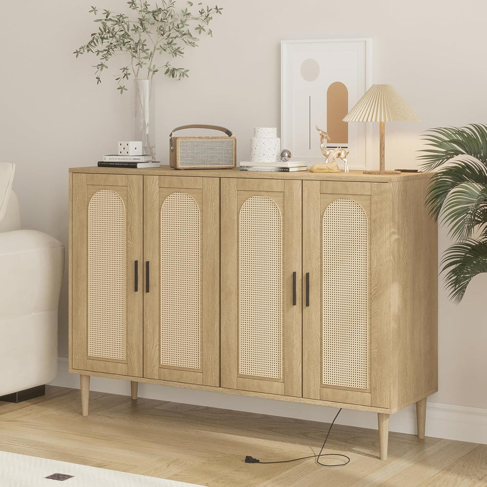 Patikuin Rattan Sideboard Buffet Cabinet, Boho Accent Storage Cabinet, 4 Door...