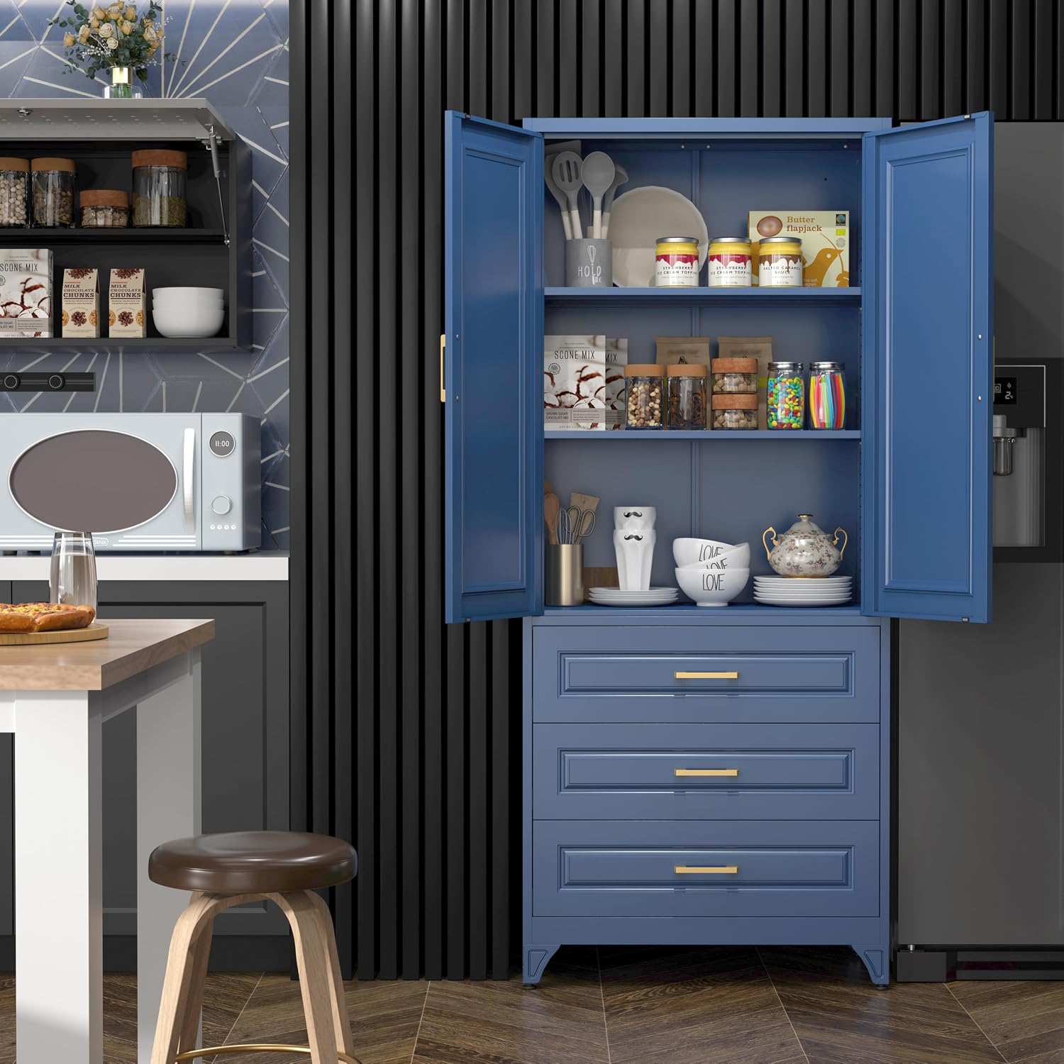 SteeLoong 75" Kitchen Pantry Cabinet with 3 Drawer,Metal Storage Cabinets with Doors and 2 Adjustable Shelves,Blue Kitchen Cabinet with 2 Gold Handles,Food Cupboard for Livingroom,Pantry, Bathroom