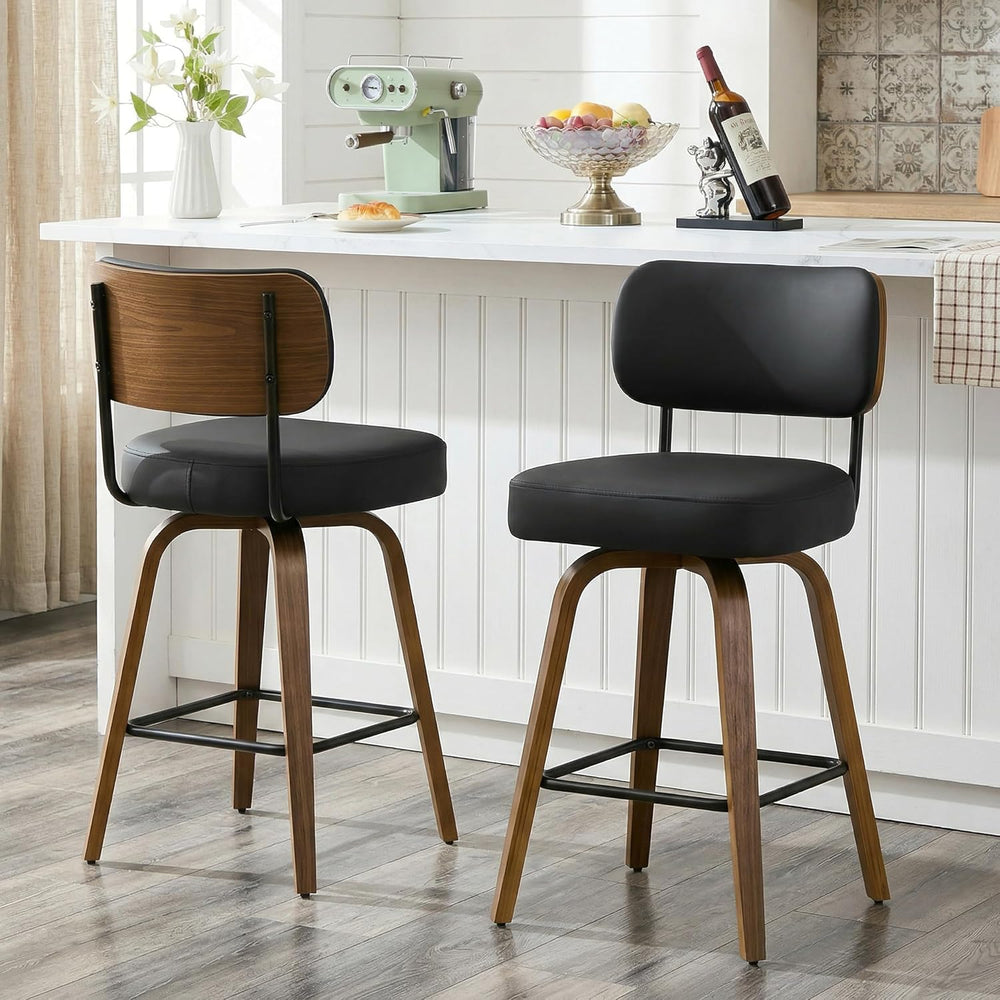 Swivel Bar Stools Set of 3, 26" Counter Height, Black | Walnut Wood Legs...