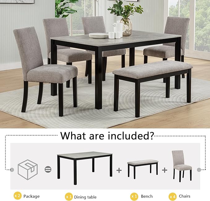 KEIKI 6-Piece Standard Height Dining Table Set with Rectangular Table, 4 Upholstered Curved Backrset Chair, Bench, for 6 Person, Modern Table Set, Easy Assembly, for Kitchen, Dining Room, Black+Gray