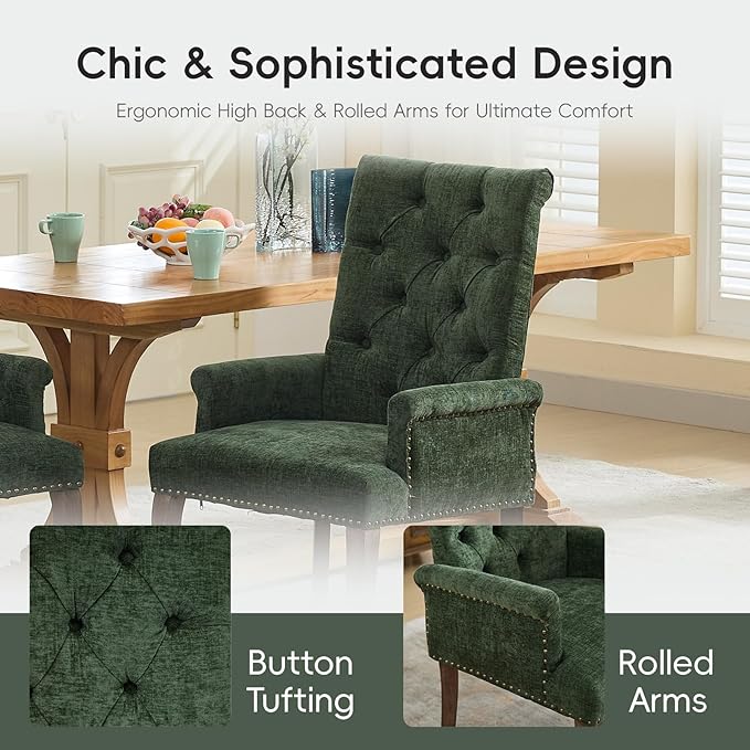 Upholstered Tufted Chenille Dining Chairs with Arms & Nailhead Trim – Sol...