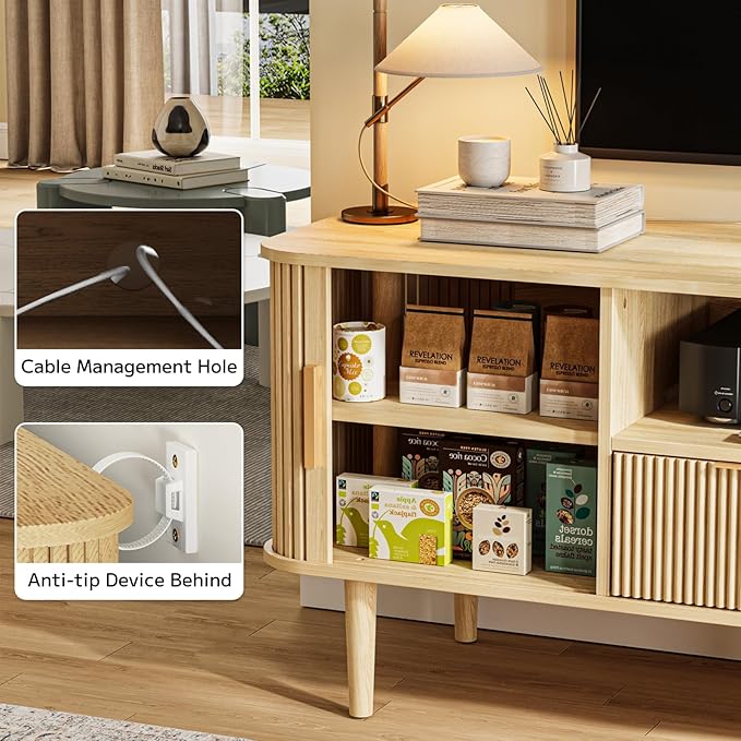 62.4 Inch Fluted TV Stand, Modern Media Console Table with Sliding Tambour Door Farmhouse Sideboard Buffet Cabinet Fits TVs up to 75 inch, Wood Entertainment Center for Living Room(Oak)
