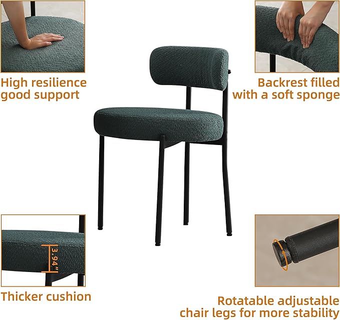 DYHOME Boucle Dining Chairs Set of 4, Upholstered Kitchen Dining Room Chairs, Side Chairs with Thick Cushions and Metal Legs for Kitchen Living Room, Green