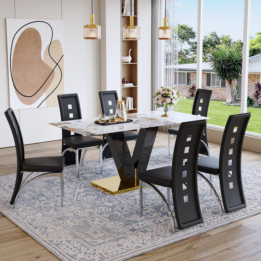 71'' Dining Table Set for 6,Modern Dining Room Table Set for 6,Marble...