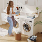 2-Tier Washer Dryer Countertop with 2.75" H Edge Rails, 58" W x 28" D Laundry Countertop for Folding Clothes, Washer and Dryer Topper with Non-Slip Pad (White)