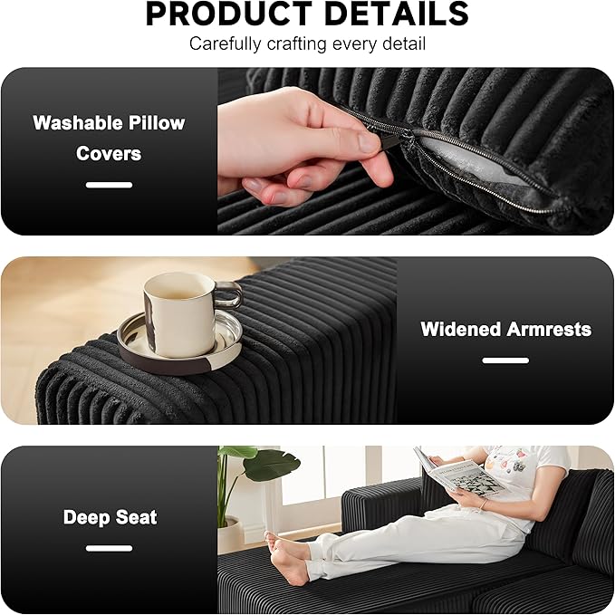 97" Modular Sectional Sofa, L-Shaped Boneless Couch with Deep Seat, Cozy Cloud Couch Sectional with Convertible Ottoman, Modern Sectional Couches for Living Room（ Black）