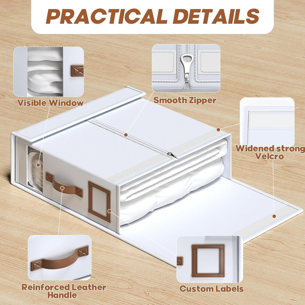 BigPonpPon 8 Pack Bed Sheet Organizers And Storage(Cal King Size) With Leather Handles,Foldable Linen Closet Organizer With Clear Window,Bedding Storage Box For Blanket,Sheets,Duvet Cover-White