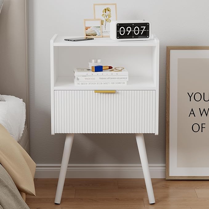 White Nightstand,Modern Bedside Table with Storage Drawer and Open Wood Shelf...