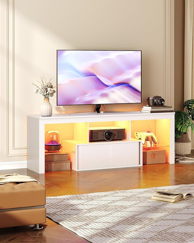 TV Stand with Power Outlet, Modern TV Cabinet for 55 60 inch TVs, Media TV Console with LED Light Strip, Media Entertainment Center with Storage, for Living Room, Bedroom, White MDS02UDWB