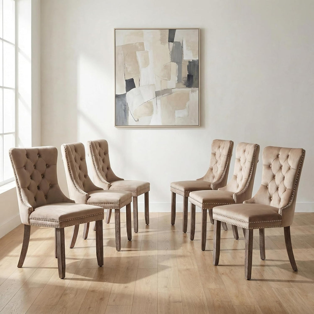 OVENTA Modern Tufted Upholstered Dining Chairs Set of 6, Sand Velvet Dining R...
