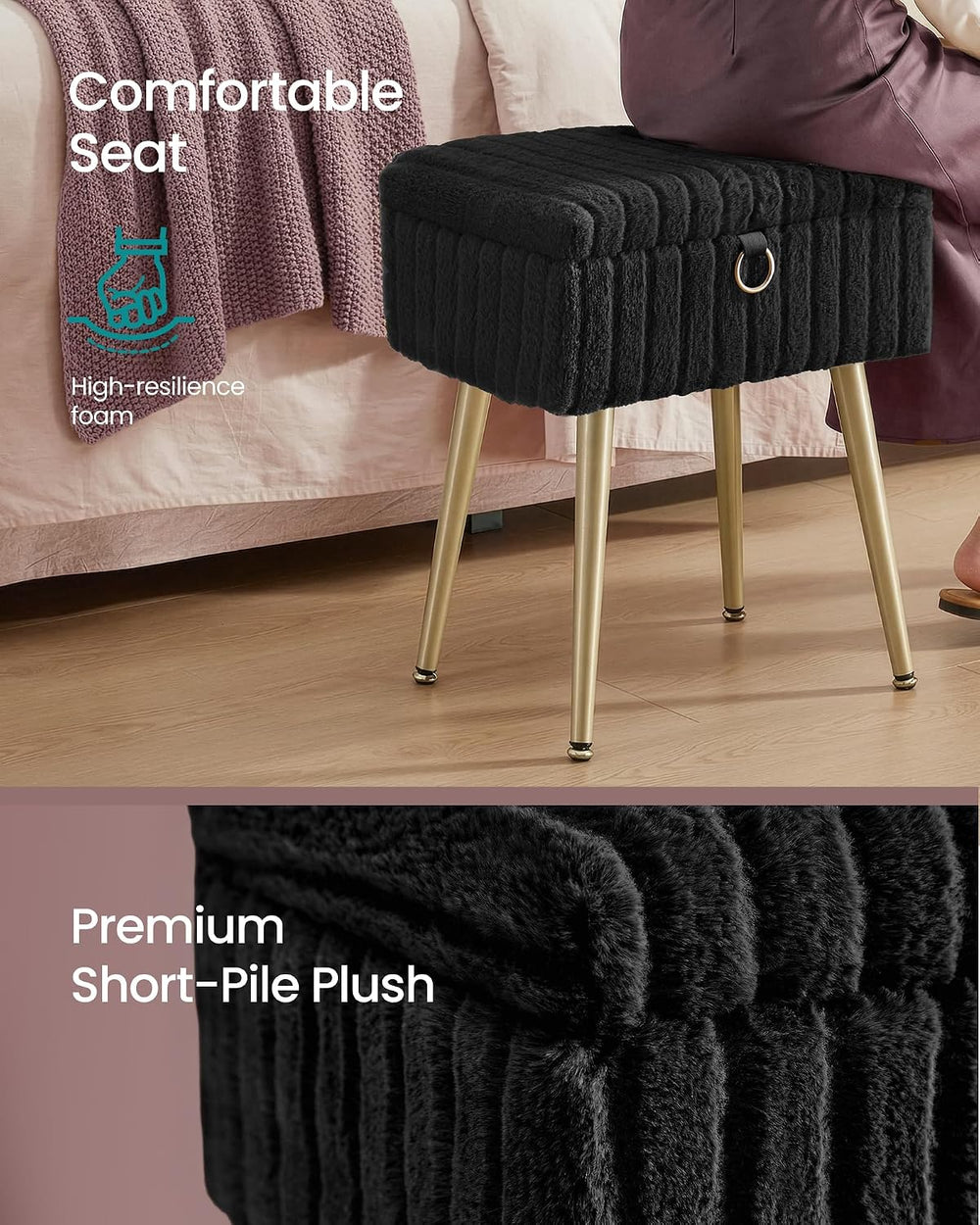 SONGMICS Vanity Stool Chair Faux Fur with Storage, Vanity Bench, Metal Legs, ...