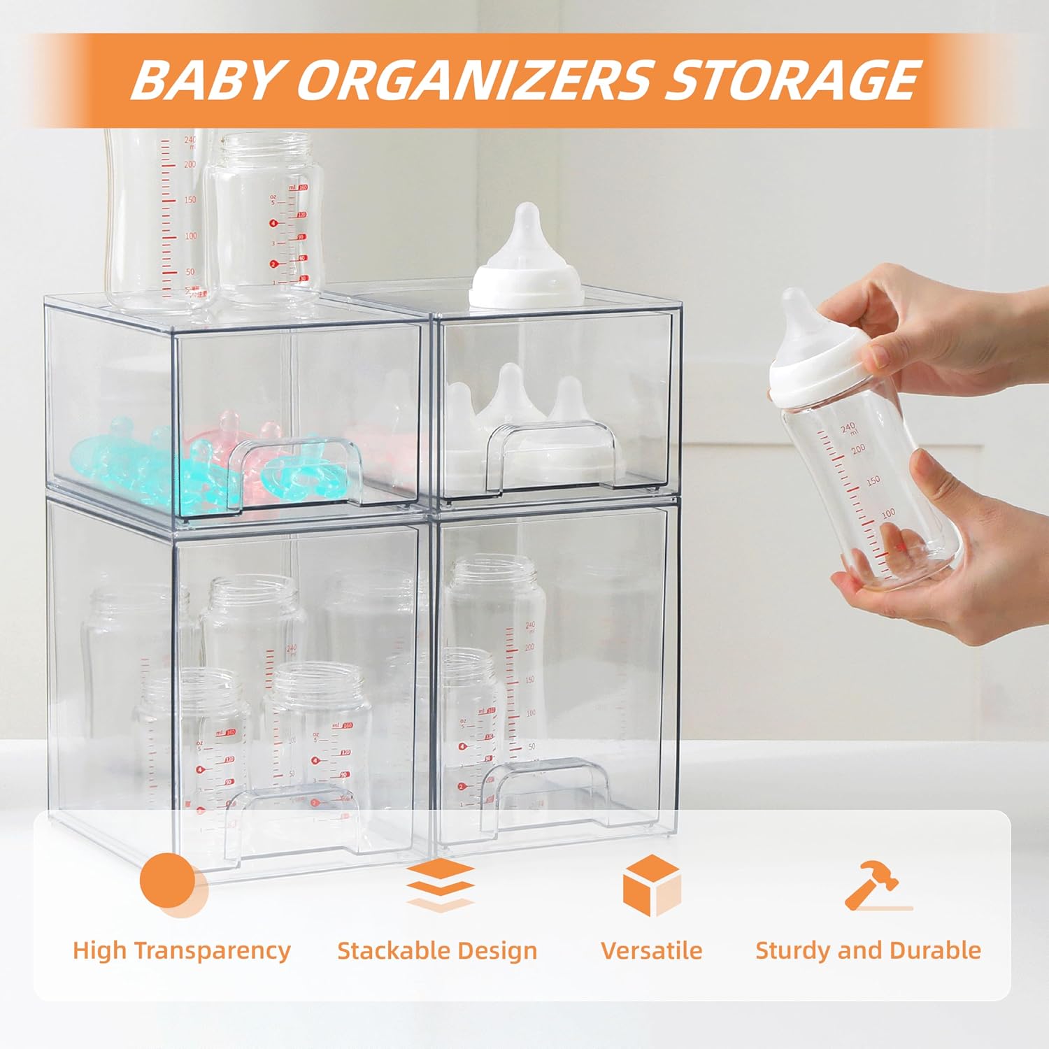 Baby Bottle Organizer, 4 Pack Bottle Storage Organizer Baby with Labels, Clear Stackable Storage Drawers for Bottles, Nipples, Pump Parts, Bottle Station Organizers for Countertop and Cabinet