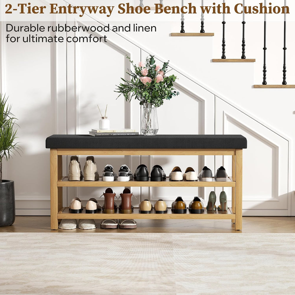 2 Tier Shoe Rack Bench with Cushion, Rubberwood Shoe Benches, Mid-Century Mod...