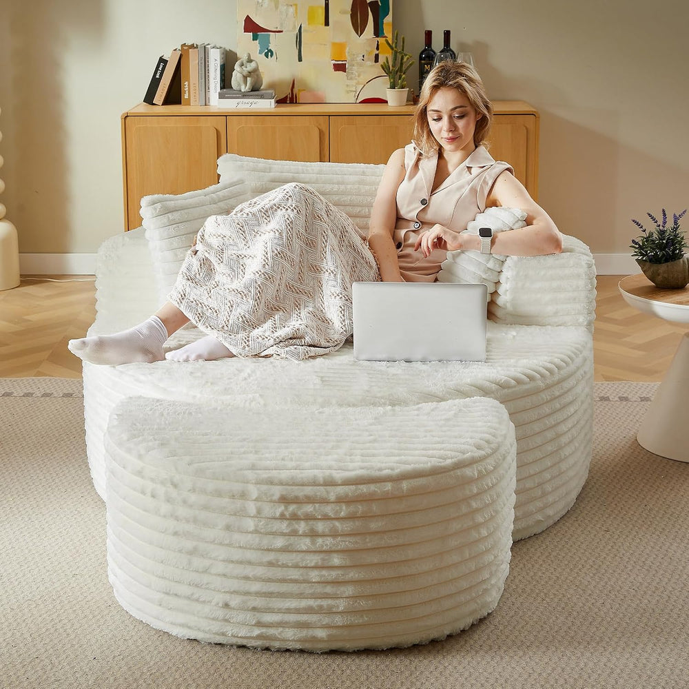 74.6" Oversized Round Chaise Lounge Chair with Ottoman Indoor, Fluffy Up...