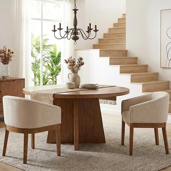 Wahson Mid Century Barrel Dining Chairs Set of 2, Beige Dining Room Chairs with Arms, Linen Upholstered Kitchen Chairs with Natural Wood Legs, for Bedroom/Living