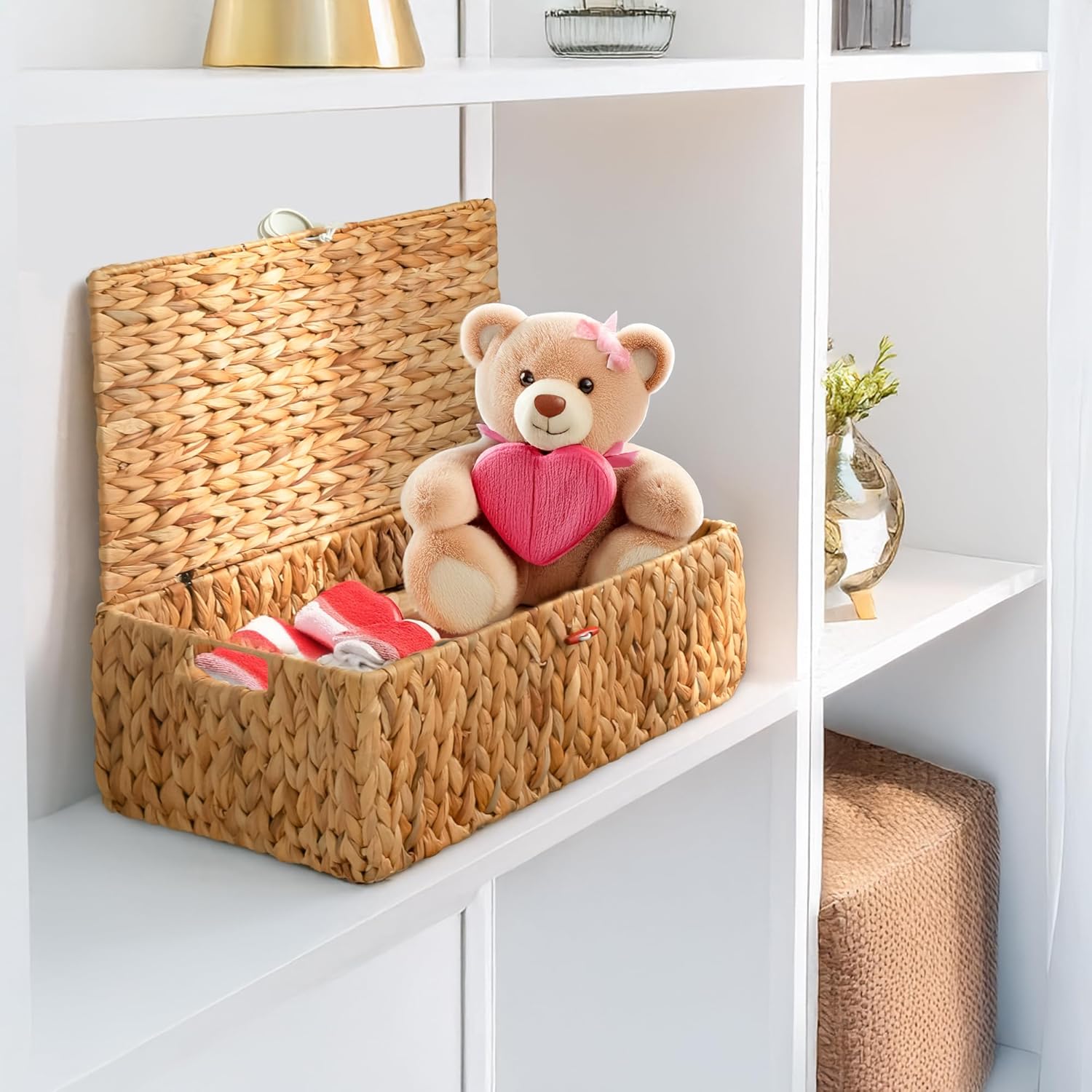KOKODO Rectangular Water Hyacinth Basket with Lid for Organizing, Wicker Basket with Lid for Shelves and Closet, Handwoven Storage Basket with Lid and Handles