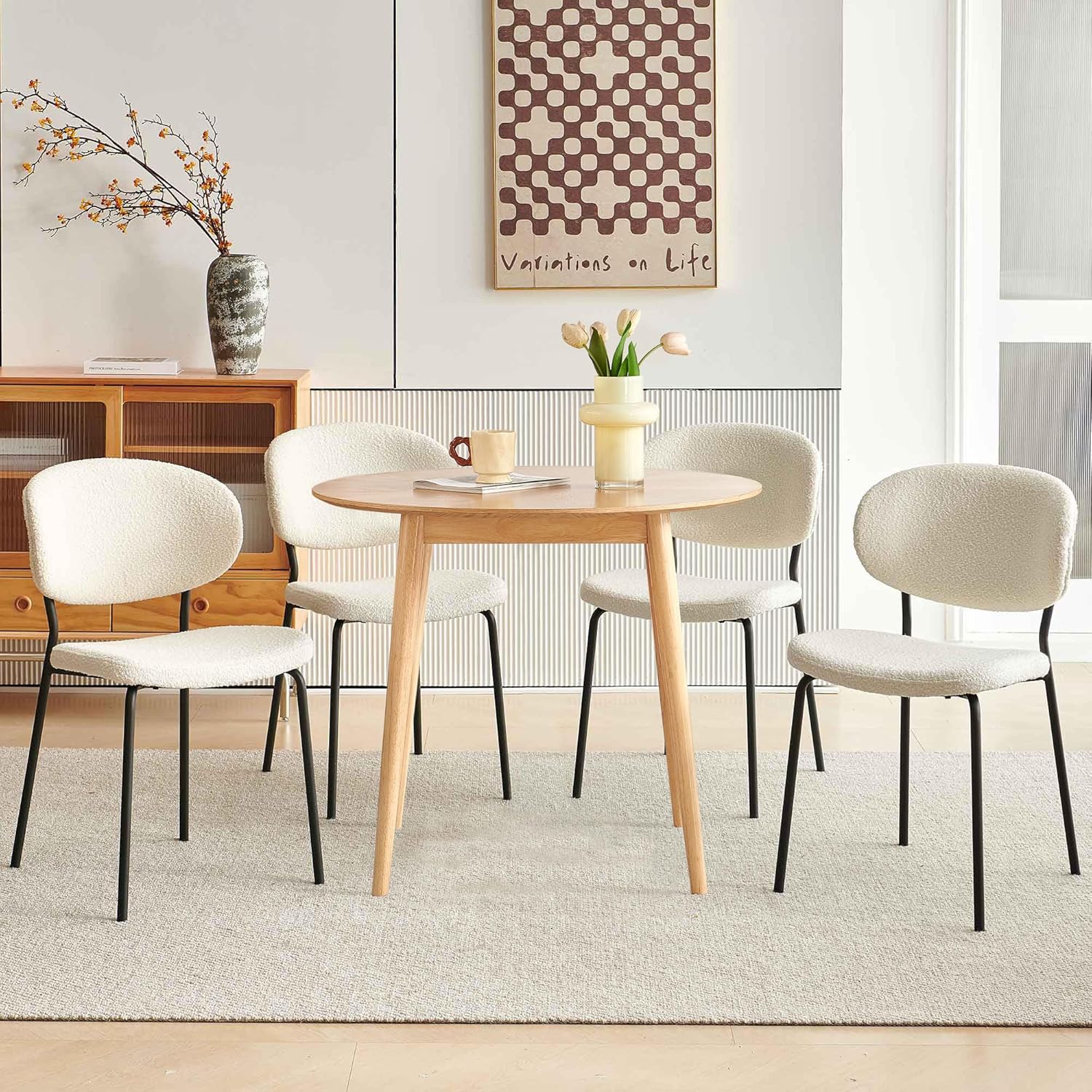 35'' Round Dining Table Set for 4 with Chairs, Mid Century Modern Round Kitchen Table and Chairs Set for Small Space, Compact Dining Table for Apartment Breakfast Nook - White
