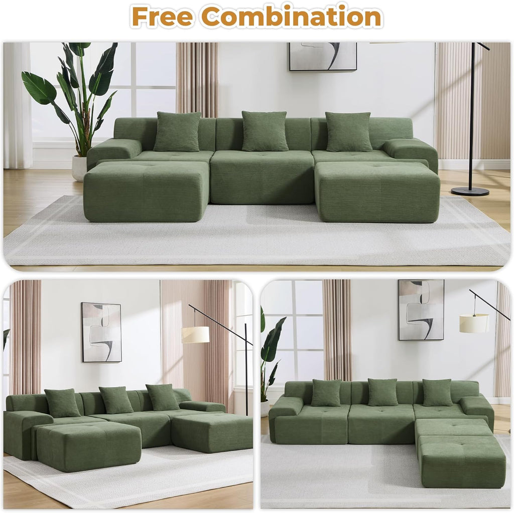 122" U Shaped Boneless Modular Sectional Sofa, Oversized 5-Seater Full Sponge Cloud Couch with Movable Ottoman, Corduroy Upholstery Couches for Living Room, No Assembly, Green