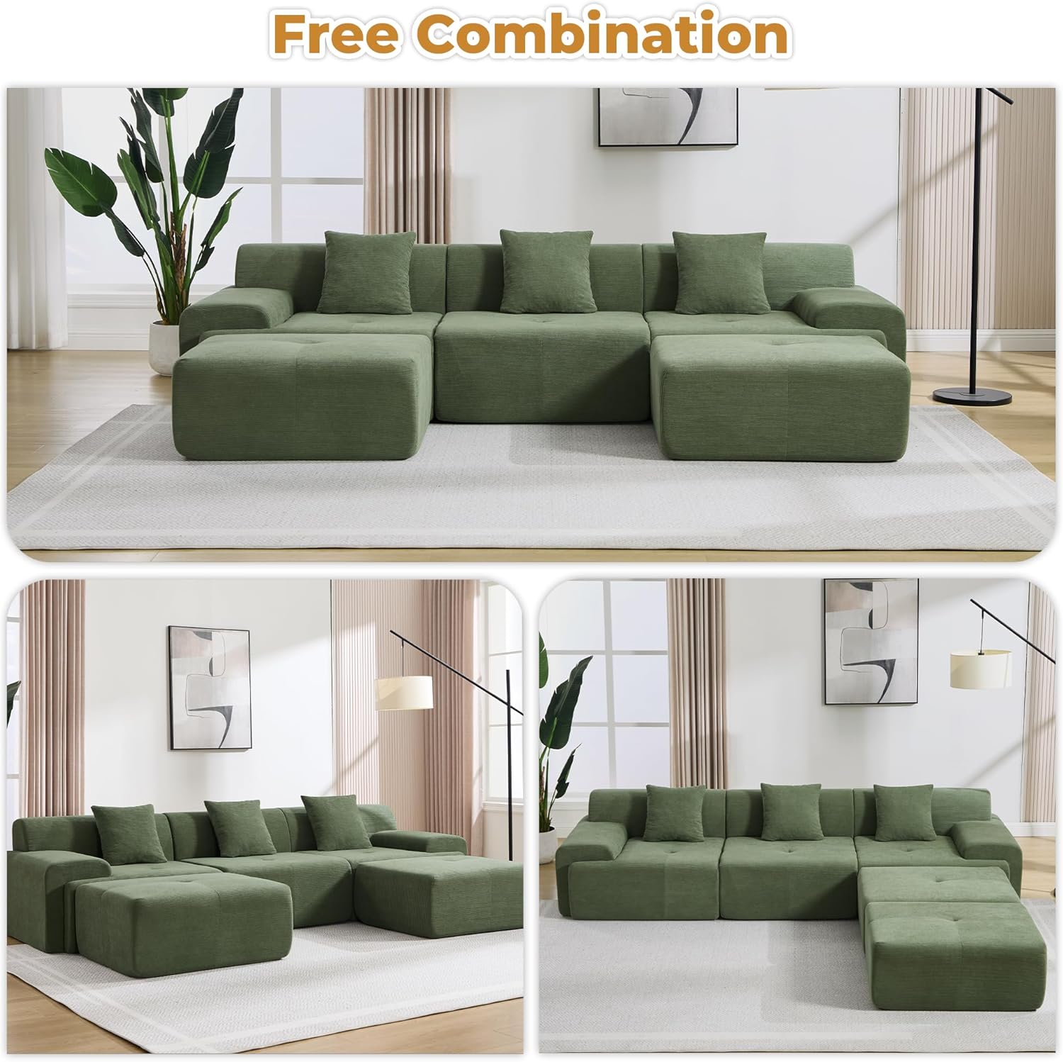 122" U Shaped Boneless Modular Sectional Sofa, Oversized 5-Seater Full Sponge Cloud Couch with Movable Ottoman, Corduroy Upholstery Couches for Living Room, No Assembly, Green