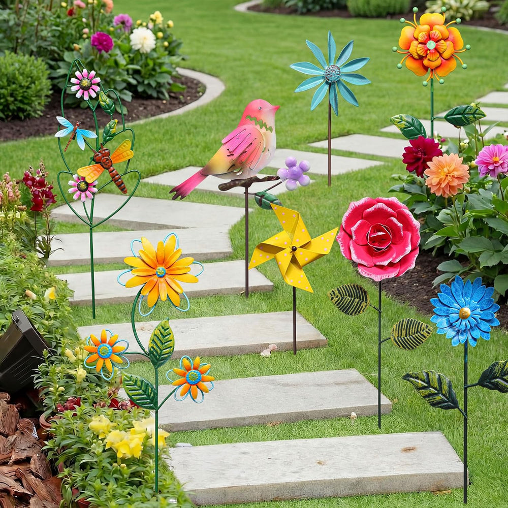 8 Pcs Metal Flower Yard Art 5d Garden Stakes 14 in Outdoor Decor