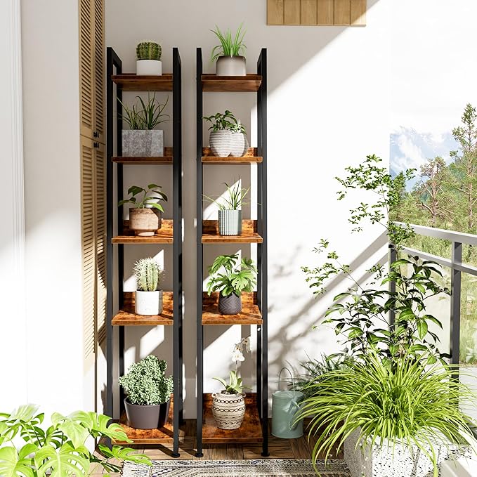 Narrow Ladder Shelf for Small Spaces - 5 Tier Thin Bookshelf Skinny Book Shelves Slim Bookshelves 60 inch Tall, Farmhouse Brown (02BN)
