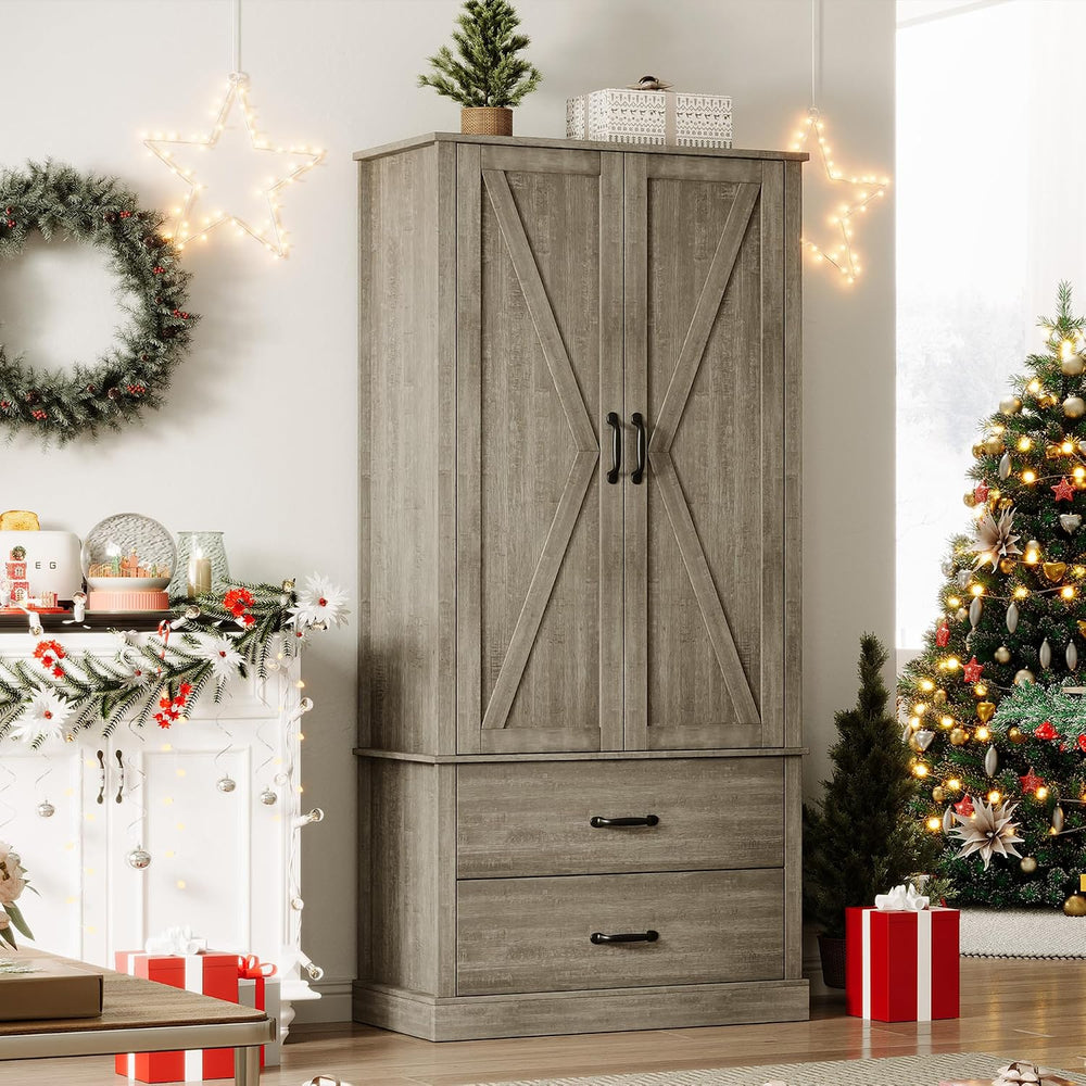 Farmhouse Kitchen Pantry Cabinet with Classic Barn Doors – Freestanding Stora...