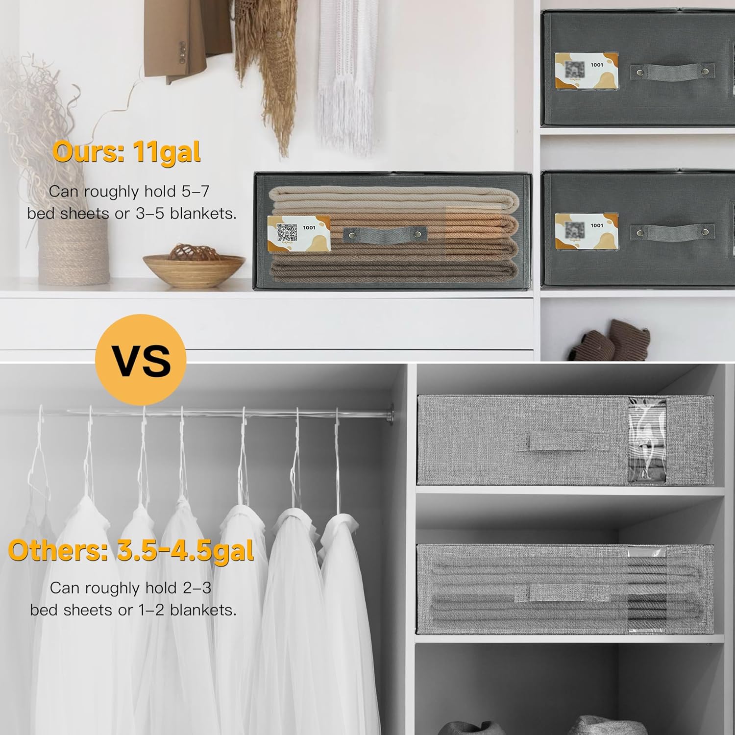 2 Pack Large Sheet Organizers and Storage with Smart Labels,Linen Closet Foldable Bed Sheet Organizer Storage Box with Window for Home Storage Blanket Clothing Closet,Queen & King Size,Grey