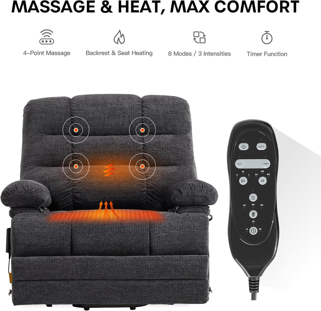 DYNOX 500 LBS Power Lift Recliner for Big & Tall Seniors, 3-Motor Lay Flat Chair with Heat, Massage & Extended Footrest (9505L,Chenille Fabric,Grey)
