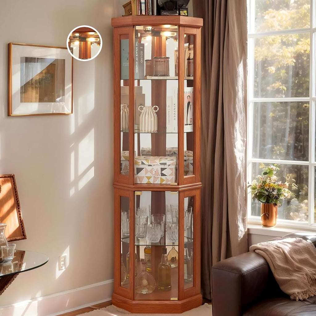 Corner Curio Cabinet, 70" H Lighted Glass Display Cage with Tempered Glass Doors and Adjustable Shelves, Bulb Inclued, Wine Bar China Cabinet for Living Room Liquor Storage (Dark Oak)