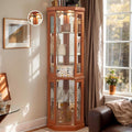 Corner Curio Cabinet, 70" H Lighted Glass Display Cage with Tempered Glass Doors and Adjustable Shelves, Bulb Inclued, Wine Bar China Cabinet for Living Room Liquor Storage (Dark Oak)