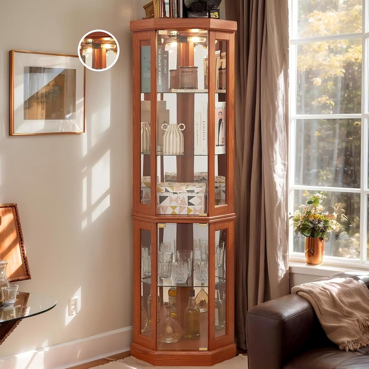Corner Curio Cabinet, 70" H Lighted Glass Display Cage with Tempered Glass Doors and Adjustable Shelves, Bulb Inclued, Wine Bar China Cabinet for Living Room Liquor Storage (Dark Oak)