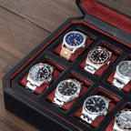 ROTHWELL 12 Slot Leather Watch Box for Men - Luxury Case Display Jewelry Organizer with Microsuede Liner - Travel Jewelry Case for Mens Accessories, Travel Organizer (Black & Red)