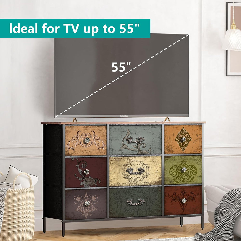 VASICAR Dresser for Bedroom with 9 Deep Fabric Drawers, Wide TV Stand