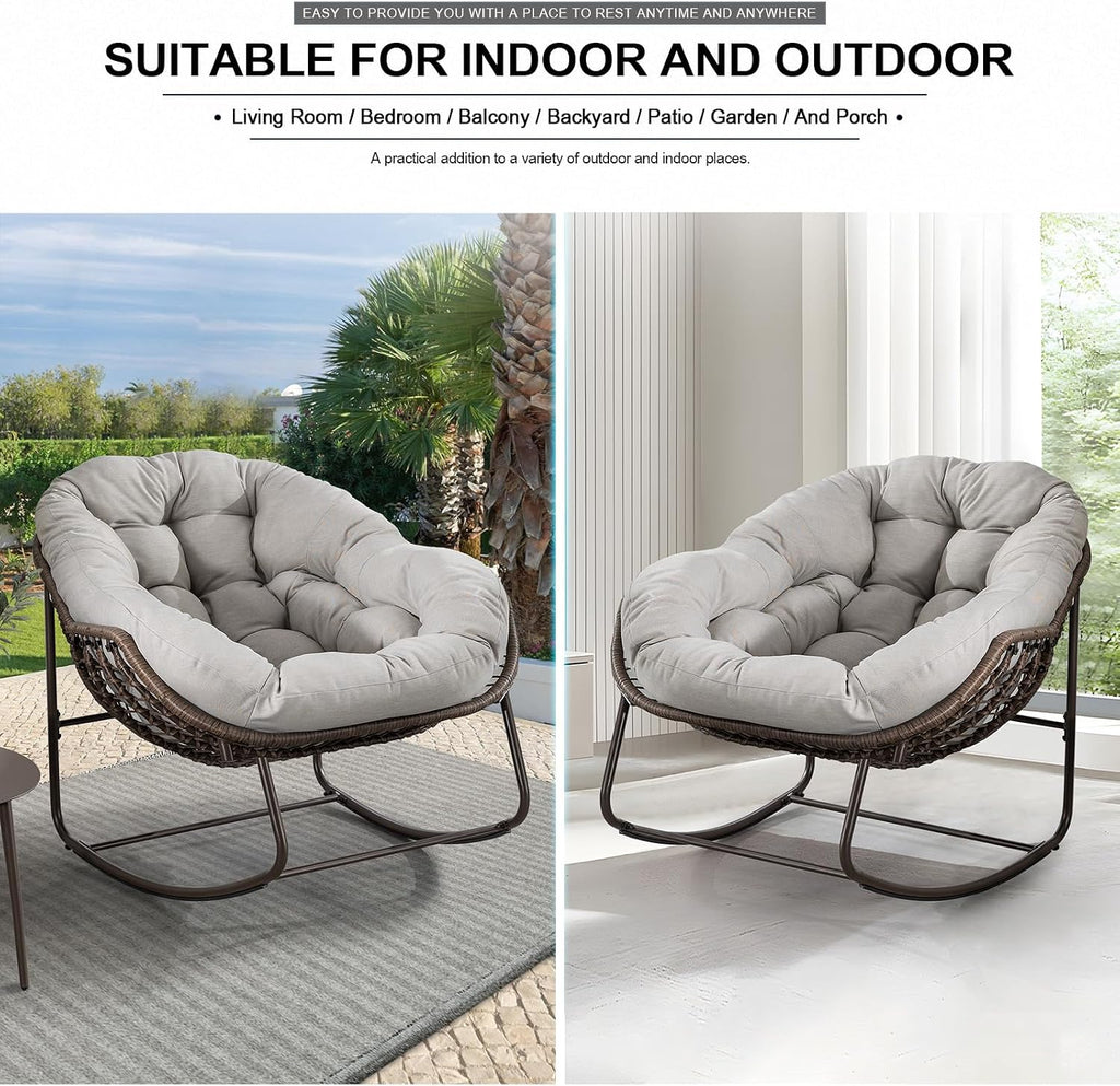 Outdoor Rocking Chair, Patio Oversized Wicker Egg Rocking Chair, Indoor & Outdoor Comfy Rocker Chair with Thick Cushion, Modern Lounge Chair for Balcony, Front Porch, Garden, Backyard, Deck, Beige