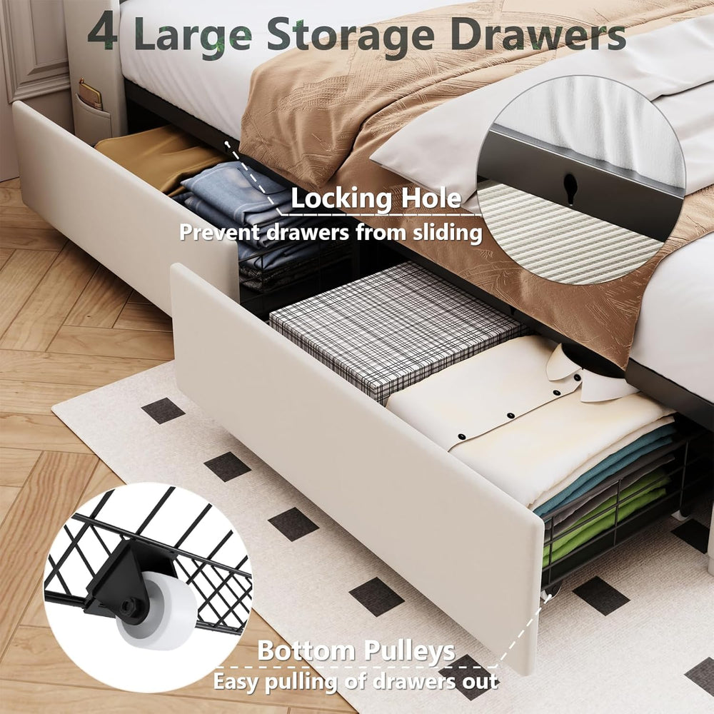 Full Bed Frame with 4 Drawers and Storage Headboard, Upholstered Platform Bed...