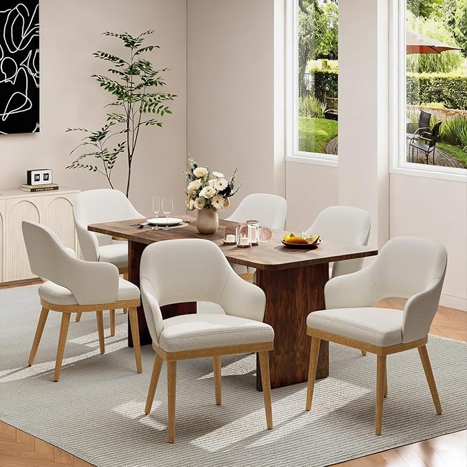 Wooden Dining Chairs Set of 6, Modern Fabric Upholstered Dining Room Chair, Kitchen Side Chairs, Farmhouse Dinner Chair with Open Back for Kitchen, Beige