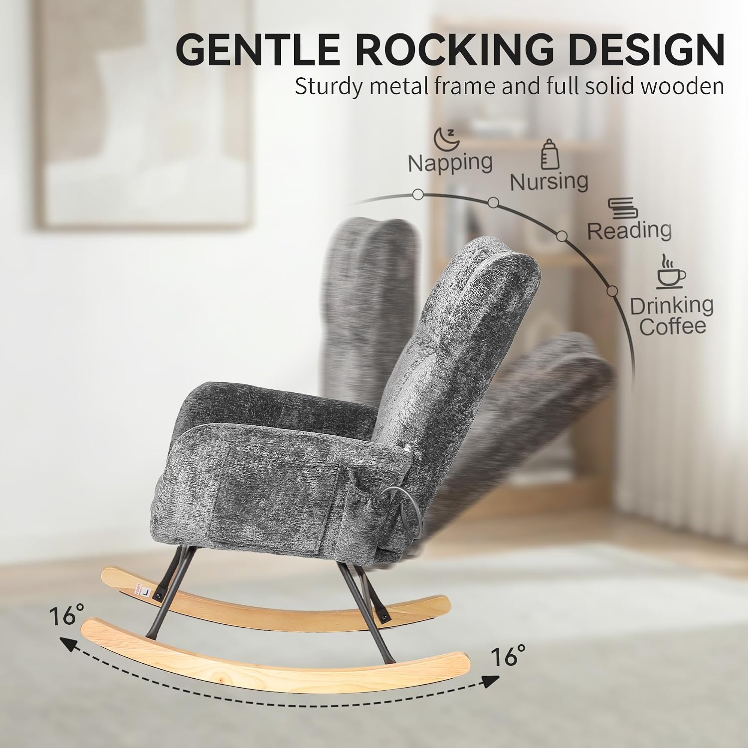 Rocking Chair with Airbag, Comfy Modern Reading & Nursing Nursery Rocking Chair Indoor, Cozy Upholstered Glider Rocker Chairs for Living Room Bedroom Offices, (Chenille, Dark Grey)