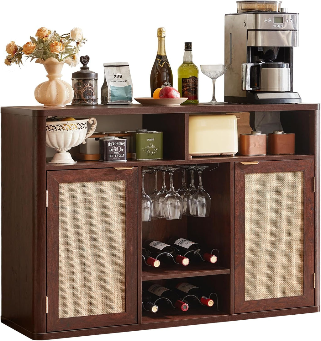 Lerliuo Rattan Wine Bar Cabinet with 2 Doors, Walnut | Boho Liquor Cabinet with Wine Racks & 2 Open Shelves & Rounded Corners for Living Room, Dining Room, Kitchen