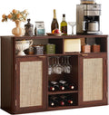 Lerliuo Rattan Wine Bar Cabinet with 2 Doors, Walnut | Boho Liquor Cabinet with Wine Racks & 2 Open Shelves & Rounded Corners for Living Room, Dining Room, Kitchen
